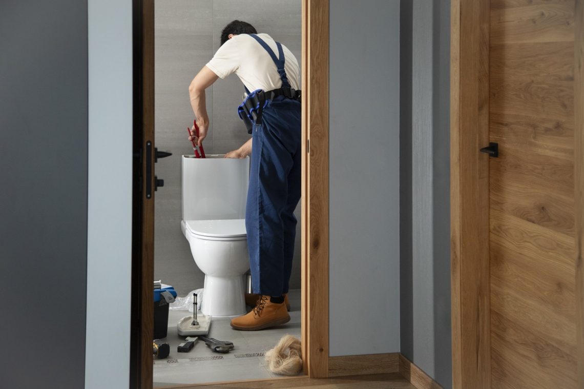 man fixing a toilet in a bathroom